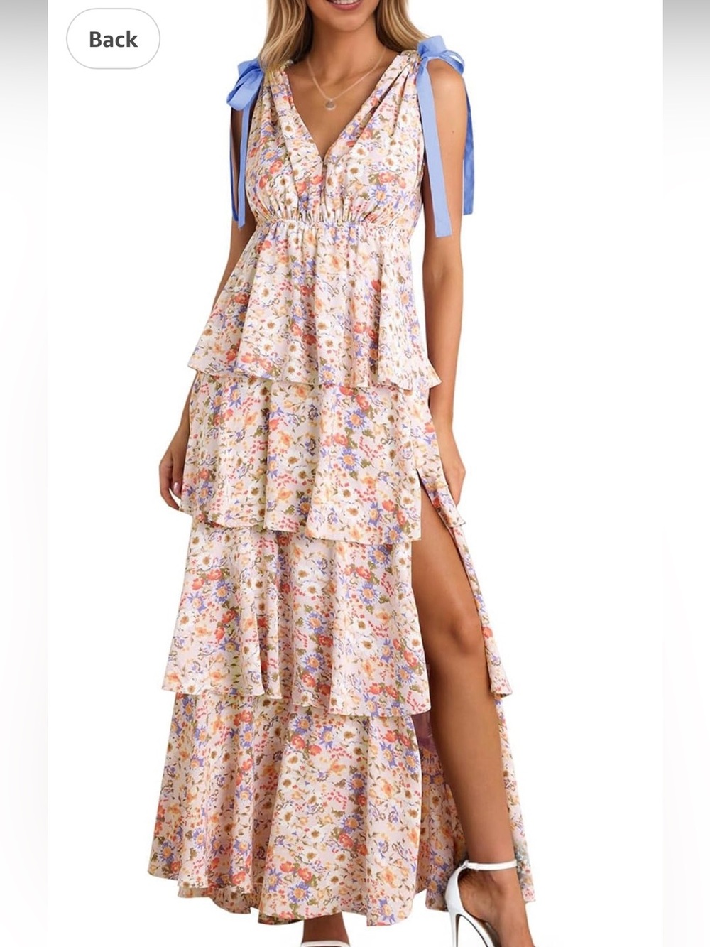 Tiered Floral Maxi Dress with purple Tie Straps
